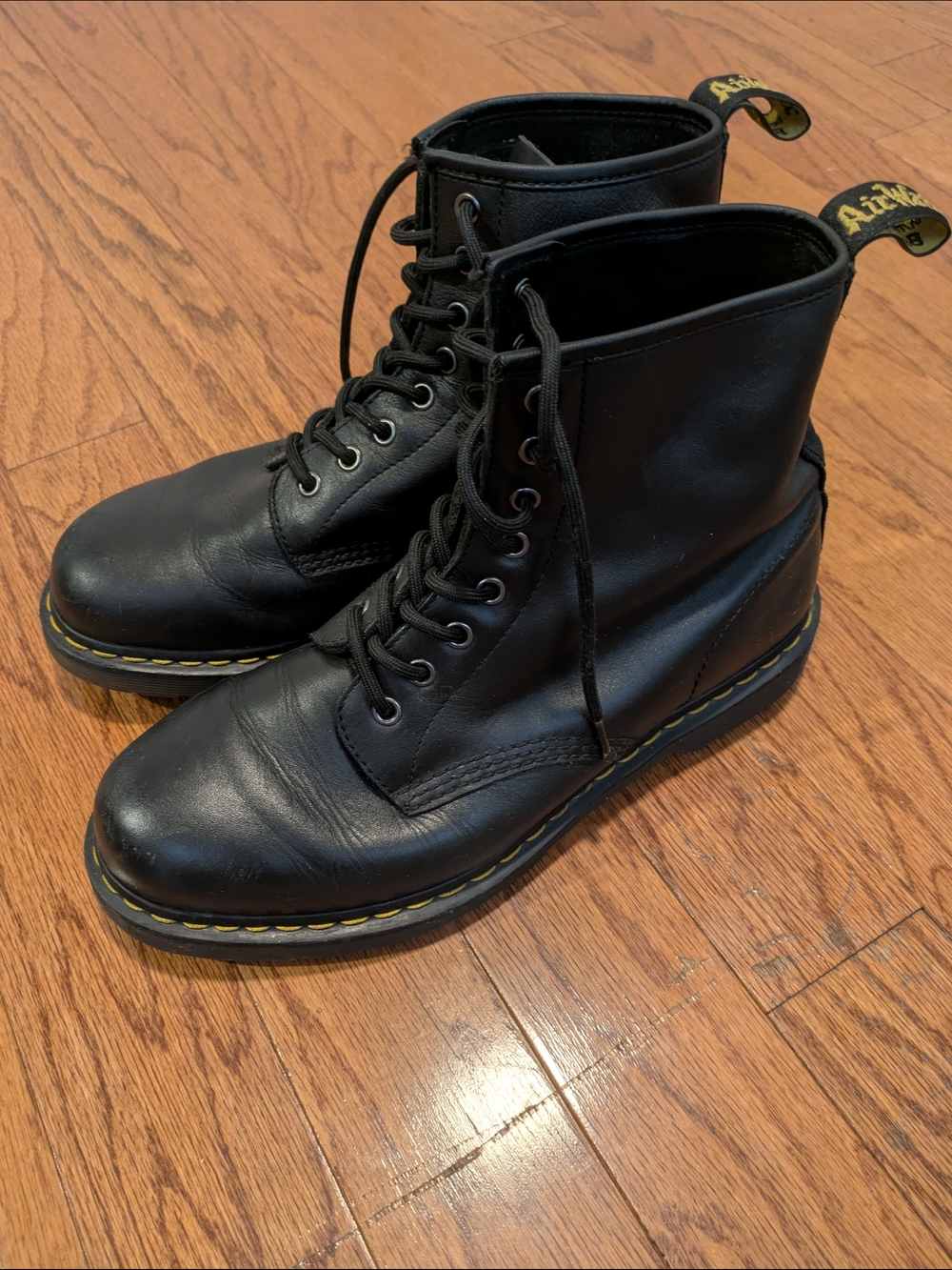 Dr. Martens 1460 - Black Leather 8-Eye Lace-Up Boots with Yellow Stitching